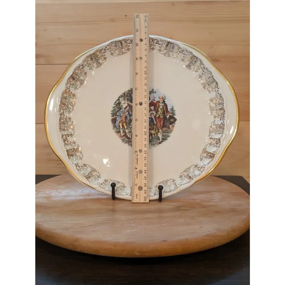 WS George Bolero Oval Platter - Colonial Couple - 22K Gold - Vintage 12